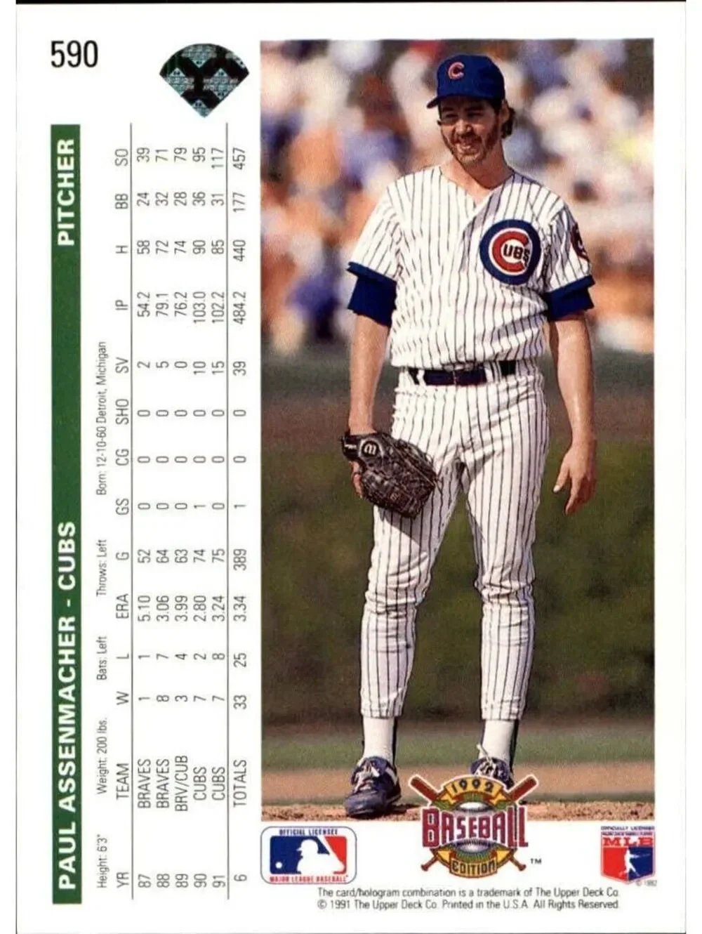 Paul Assenmacher 1992 Upper Deck MLB #590 Baseball Card Chicago Cubs